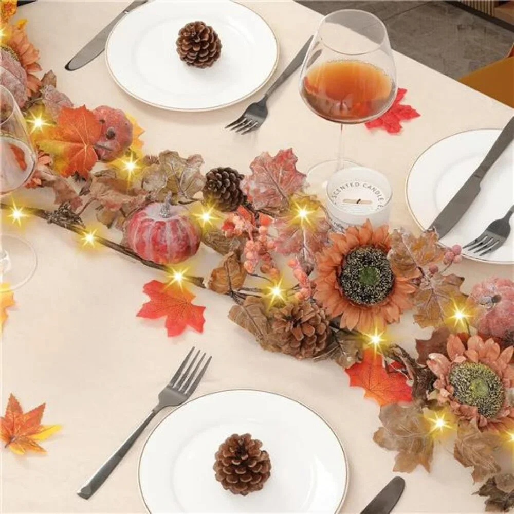 6 Ft Dried Maple Leaf Pumpkin Berry Garland with 30 Warming Lights